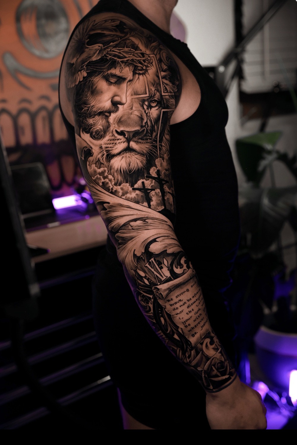 Black and white Jesus tattoo sleeve