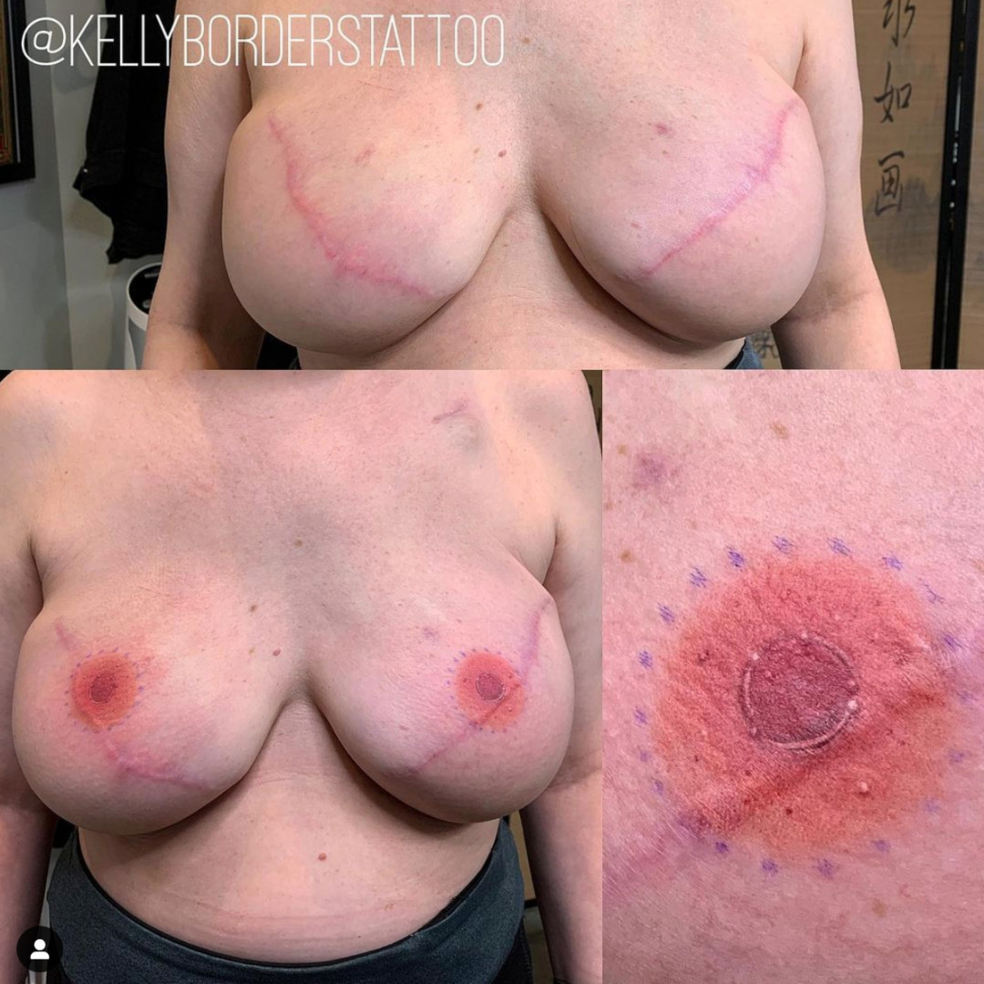 Tattoo artist Kelly Borders, Honor and Grace shop, restorative tattoo, American Traditional Tattoo, nipple tattoo