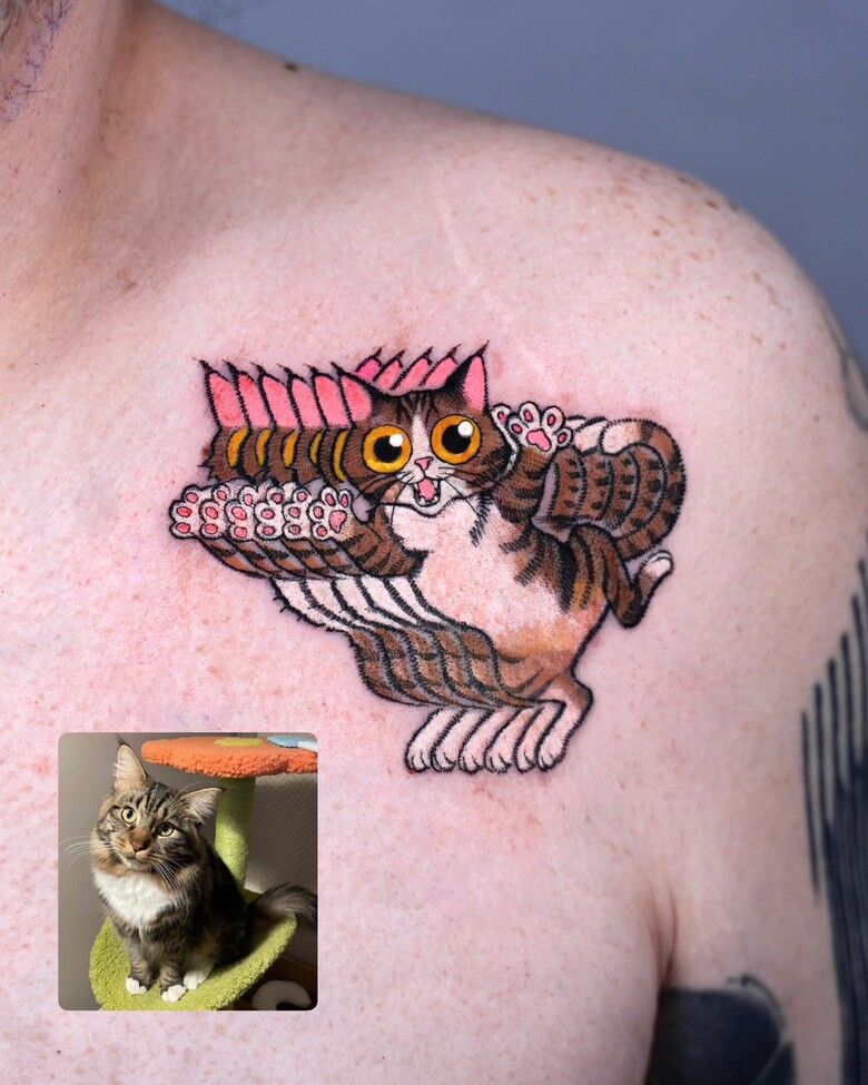 Trippy Cat Tattoo by yoonneedle
