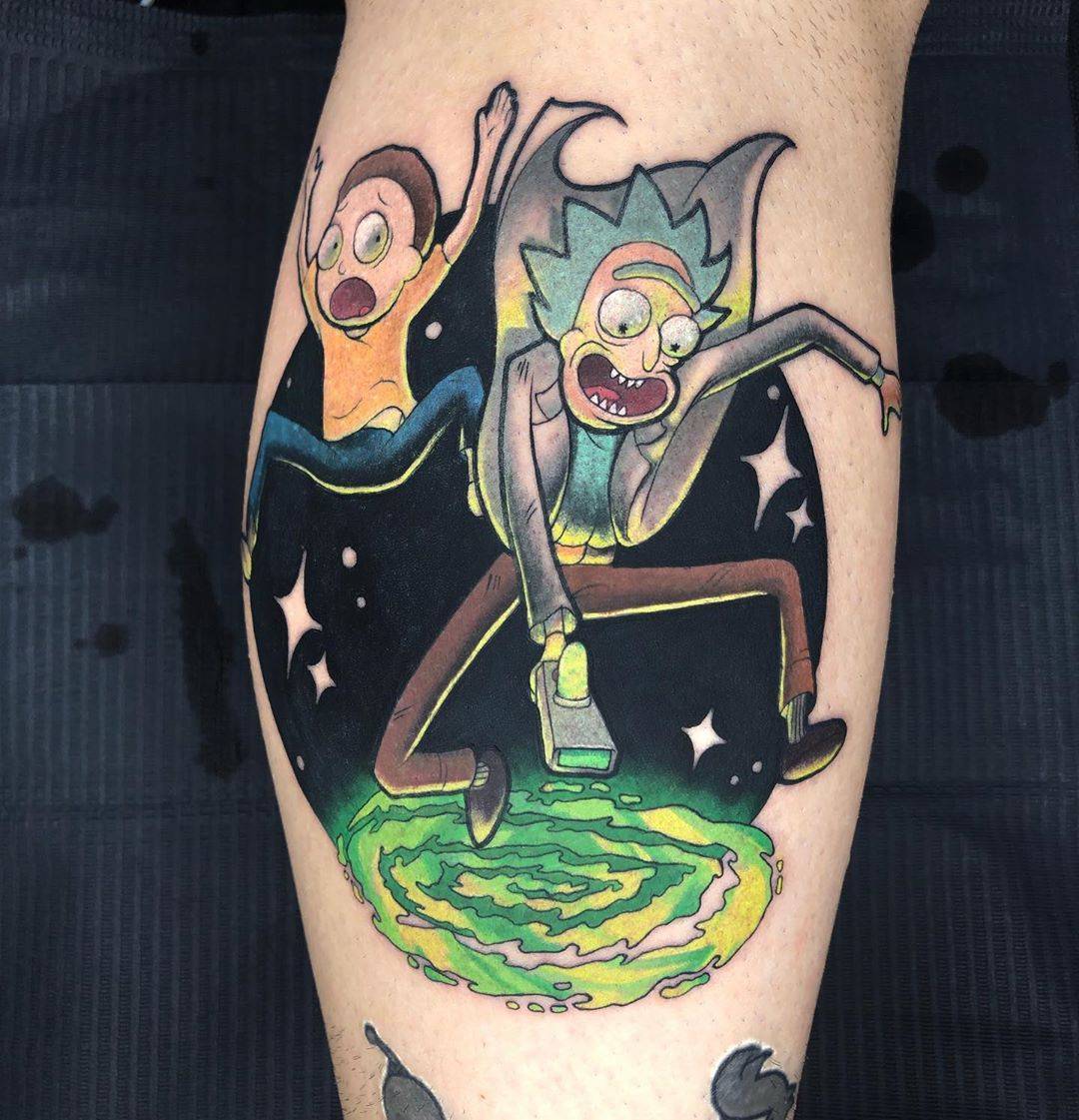 Rick and Morty tattoo on the upper arm