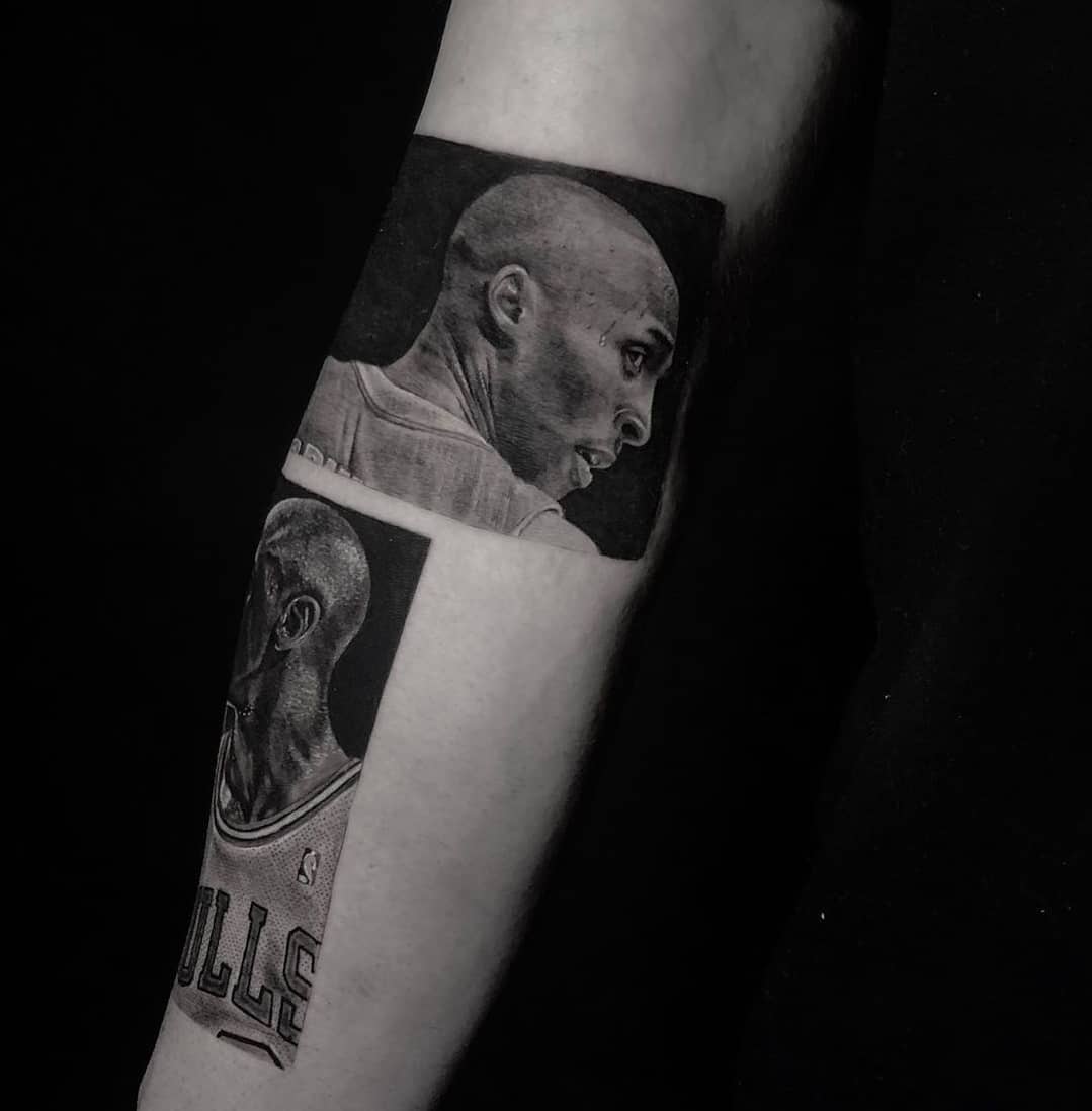 Tattoo artist B., black and grey tattoo realism Kobe Bryant