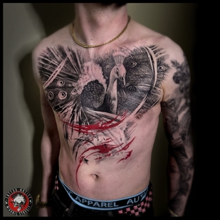 Masculino Negro y Gris Trash Polka tatuaje en Pecho #66250 | Tattoo Artist Mihail Strogiy