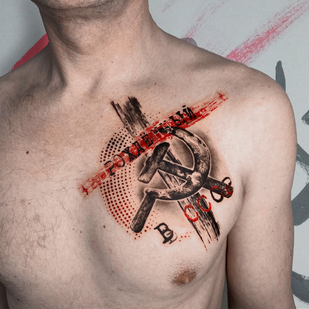 Masculino Color Trash Polka tatuaje en Pecho #82573 | Tattoo Artist Anton Kozlovskih