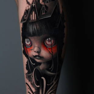 Femenino Negro y Gris Retrato tatuaje en Espinilla #86222 | Tattoo Artist Anastasiya Yusupova CAT_KABUKI