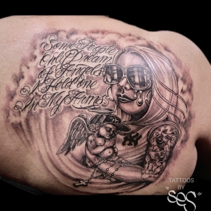 Femenino Negro y Gris Chicano tatuaje en Espalda #94400 | Tattoo Artist Ses Con