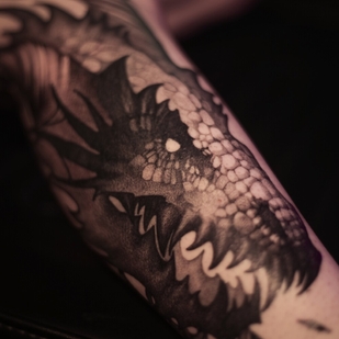 Femenino Negro Gráfico tatuaje en Espinilla #100561 | Tattoo Artist Yavorskaya Anastasiya