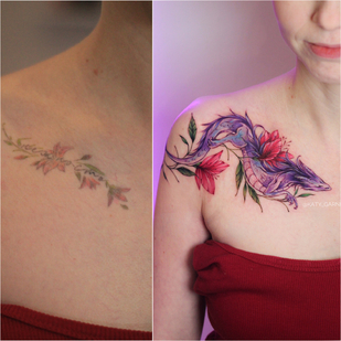 Femenino Color Cover-up tatuaje en Clavícula #102625 | Tattoo Artist Ekaterina Garnet / Katy Garnet