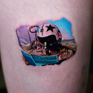 Femenino Color Miniatura tatuaje en Muslo #91217 | Tattoo Artist Anastasiya Yusupova CAT_KABUKI