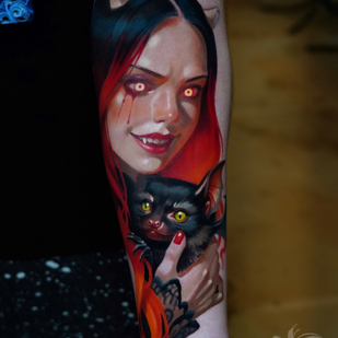 Masculino Color Retrato tatuaje en Antebrazo #99911 | Tattoo Artist Anastasiya Yusupova CAT_KABUKI