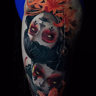 Femenino Color Retrato tatuaje en Pierna #99913 | Tattoo Artist Anastasiya Yusupova CAT_KABUKI