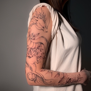 Femme Noir Botanique tatouage #57091 | Artiste tatoueur Olga Kotova