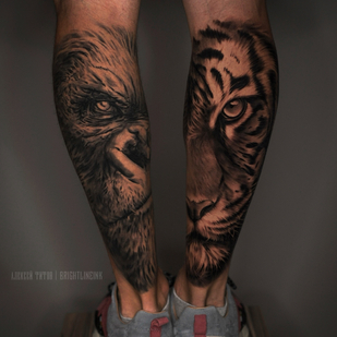 Homme Noir et Gris Réalisme tatouage sur Jambe #84666 | Artiste tatoueur Aleksey Titov