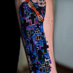 Homme Couleur Style d'Auteur tatouage sur Avant-bras #86223 | Artiste tatoueur Anastasiya Yusupova CAT_KABUKI