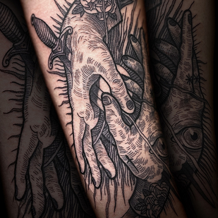 Homme Noir et Gris Gravure tatouage sur Avant-bras #87849 | Artiste tatoueur Sergey Martynov