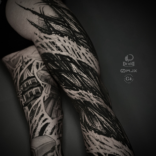 Homme Noir et Gris  tatouage sur Jambe #84784 | Artiste tatoueur Sergey Tymkiv