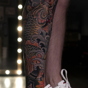Homme Couleur Japonais tatouage sur Tibia #86299 | Artiste tatoueur Tatyana Chudesataya