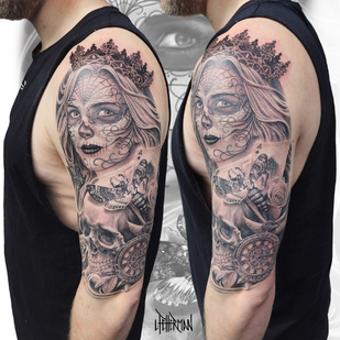 Homme Noir et Gris Illustratif tatouage sur Manche #92228 | Artiste tatoueur Loren Fetterman