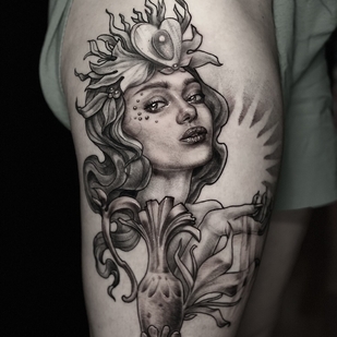 Femme Noir et Gris Style d'Auteur tatouage sur Jambe #101122 | Artiste tatoueur Mariya Rodchin