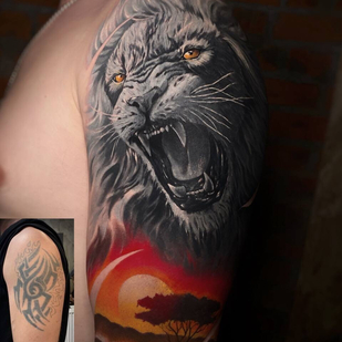 Homme Noir et Gris Cover-up tatouage sur Épaule #103486 | Artiste tatoueur Sergey Petrov