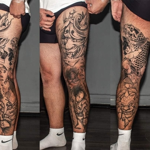 Homme Noir et Gris Graphique tatouage sur Jambe #93814 | Artiste tatoueur Konstantin Ovsyannikov