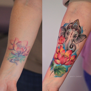 Femme Couleur Cover-up tatouage sur Avant-bras #102624 | Artiste tatoueur Ekaterina Garnet / Katy Garnet