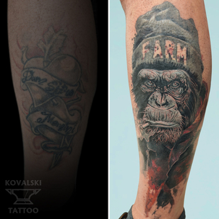 Homme Couleur Cover-up tatouage sur Tibia #96262 | Artiste tatoueur Vladimir Kovalevskiy