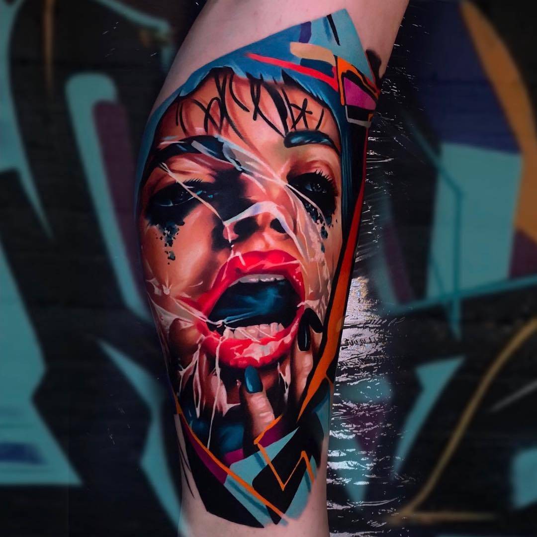 Tattoo artist Igor Mitrenga, authors color relistic portrait tattoo in graffiti design | Prague, Czech