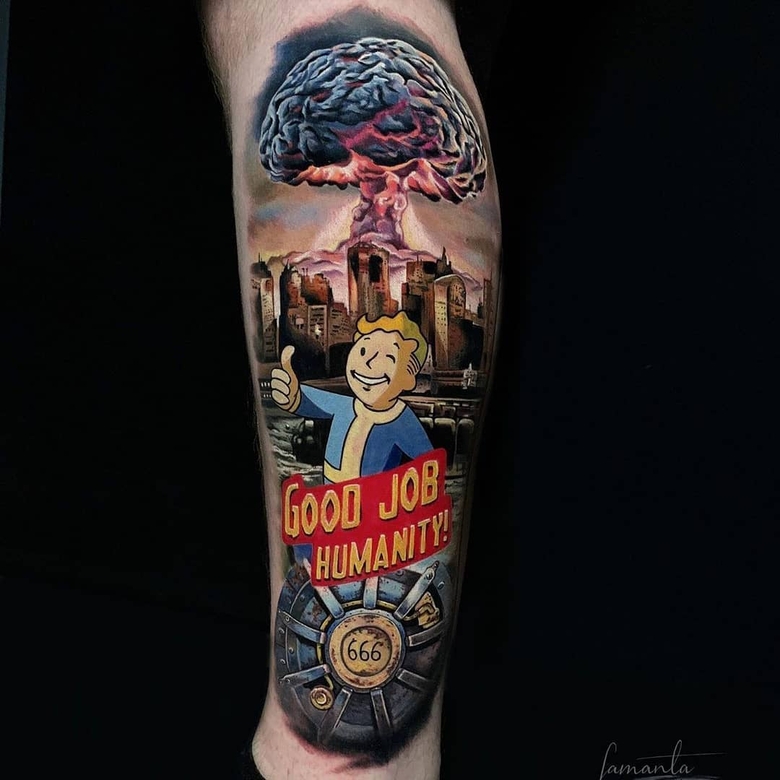 @samanta_tattoo fallout, 투어, 갤러리, 사진 @samanta_tattoo color,new school,realism,nuclear explosion,vault boy