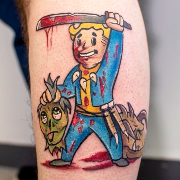 fallout, tattoo, gallery, photos @bcskinworks color,cannibal vault boy,old school