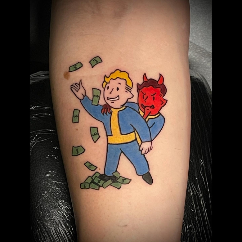 fallout, tattoo, gallery, photos @itsmikachutattoos color,old school,rich vault boy