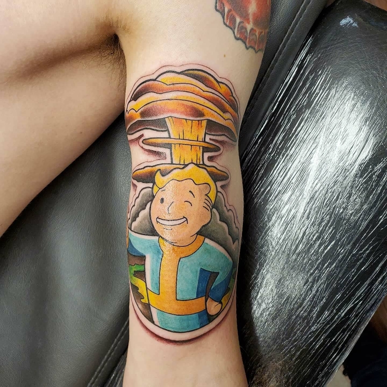 fallout, tattoo, gallery, photos @egosnip color,new school,nuclear explosion,vault boy,fallout
