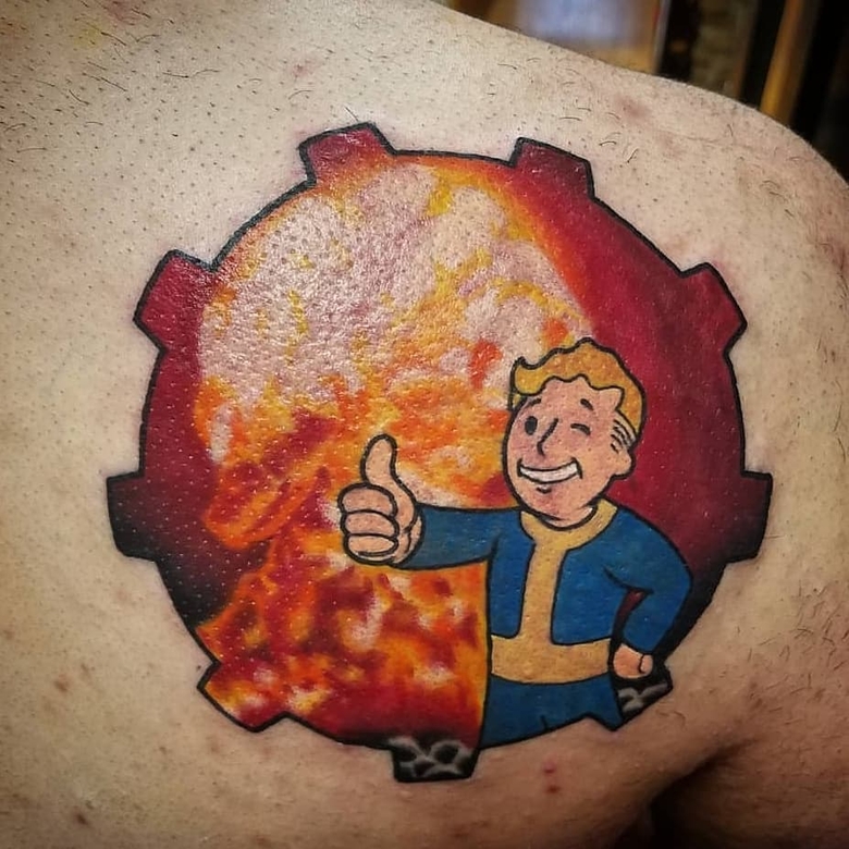 fallout, tattoo, gallery, photos @wyldchyldtattoo color,new school,nuclear explosion,vault boy