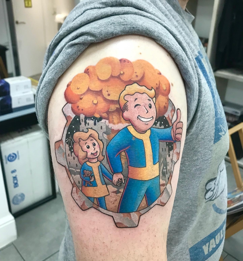 fallout, tattoo, gallery, photos @tattoo_tom color,new school,nuclear explosion,vault boy,fallout