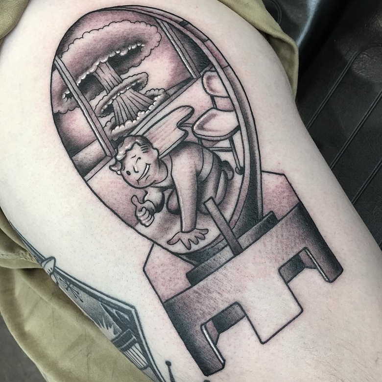 fallout, tattoo, gallery, photos @maxlowetattoo black,nuclear explosion,vault boy