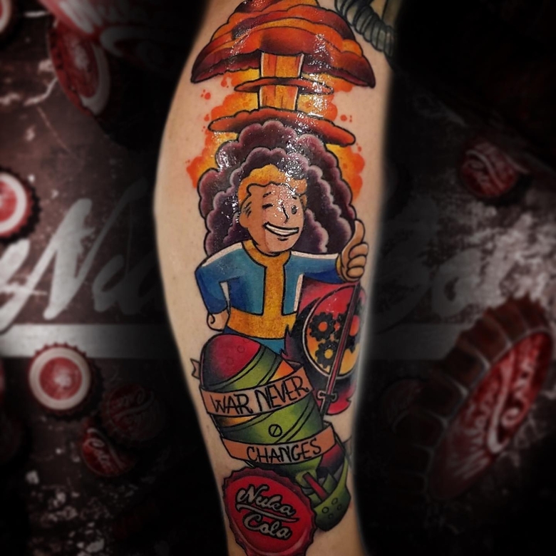 fallout, tattoo, gallery, photos @jorgeriveratattoo color,new school,nuclear explosion,vault boy,fallout