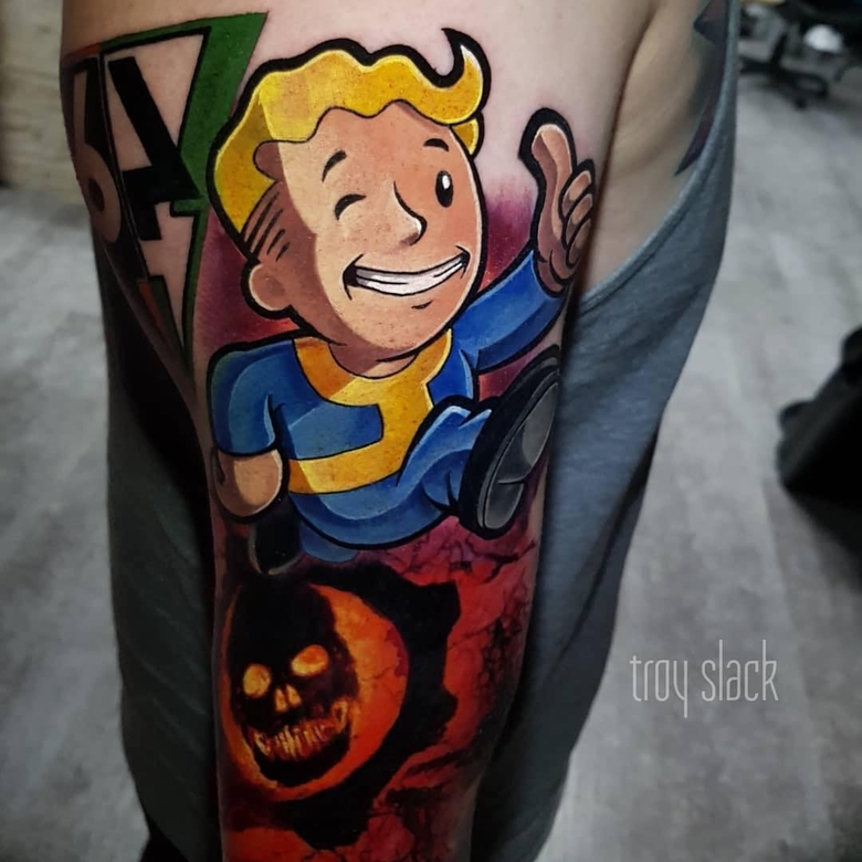 fallout, tattoo, gallery, photos @troyslackink color,new school,vault boy