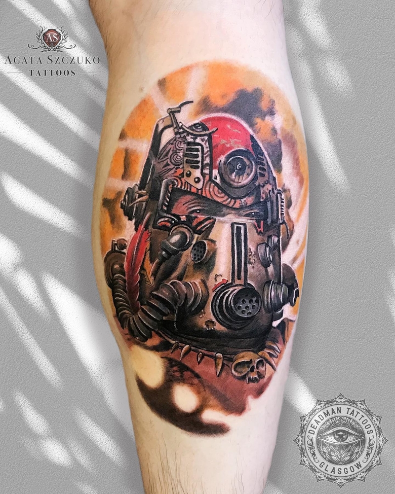 fallout, tattoo, gallery, photos @agata.szczuko.tattoos color,t 60 hemlet,fallout 4