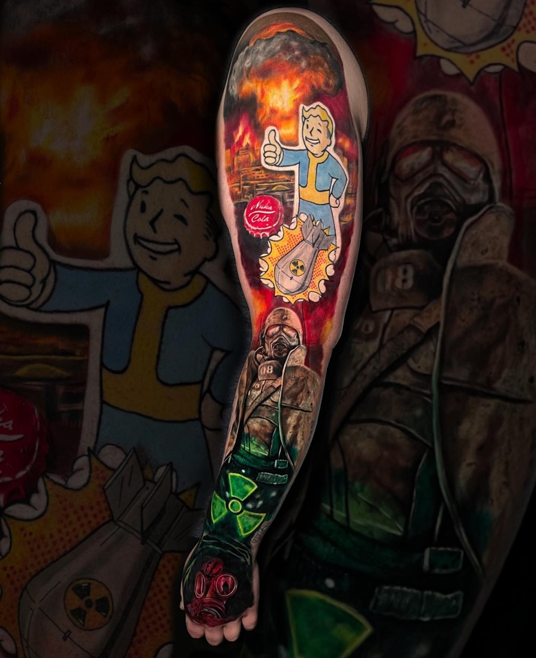 fallout, tattoo, gallery, photos @michaelburger.tattoo color,realistic,old school,sleeve tattoo