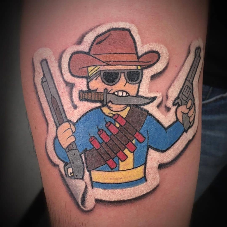 fallout, tattoo, gallery, photos @tattoosbycush color,new school,sticker tattoo,vault boy,fallout