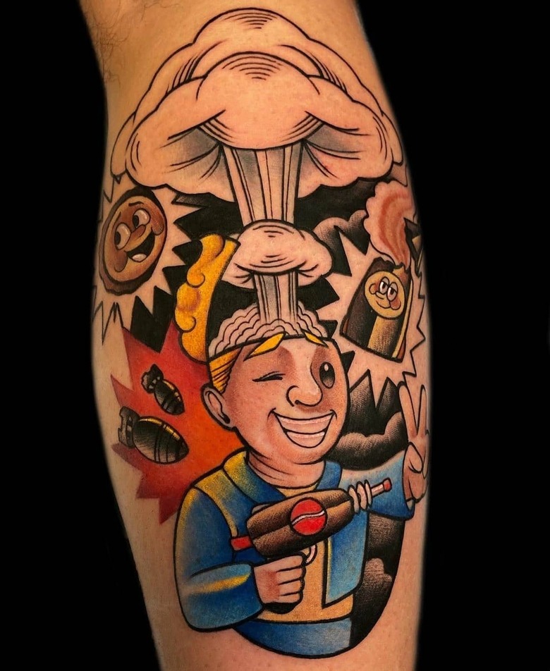 fallout, tattoo, gallery, photos @runotattooer color,new school,nuclear explosion,vault boy,fallout