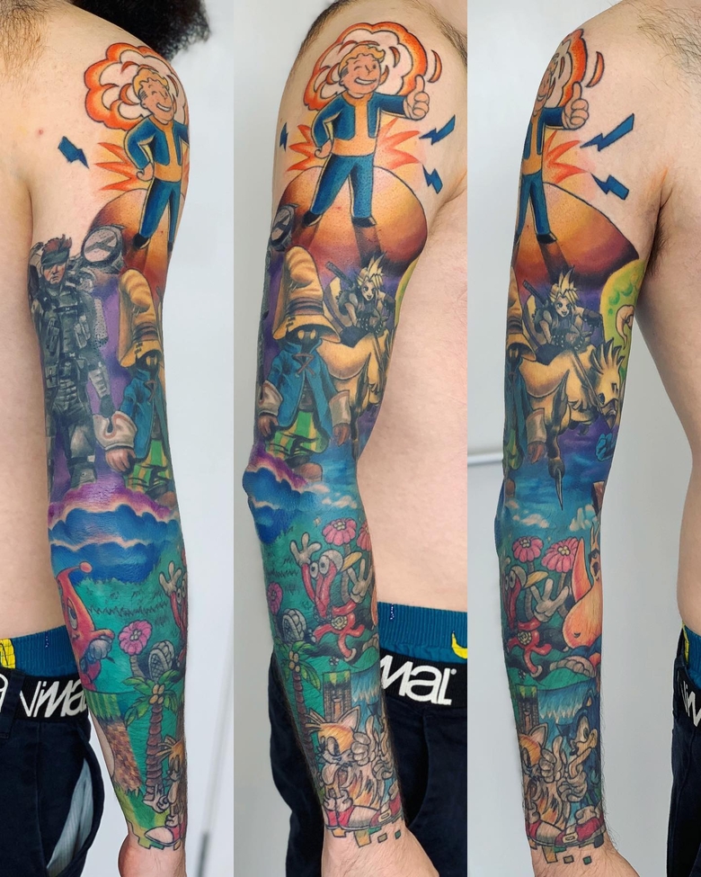 fallout, tattoo, gallery, photos @jessparrytattoos color,new school,vault boy,fallout,sleeve tattoo