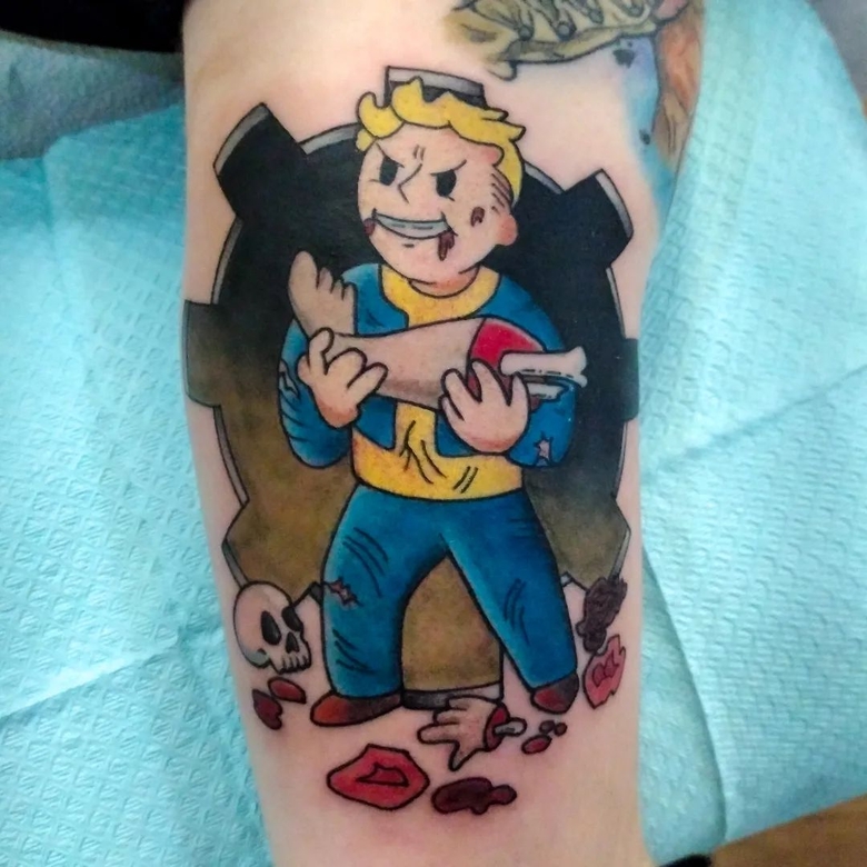 fallout, tattoo, gallery, photos @t.lectra_tattoos color,new school,angry cannibal vault boy,fallout