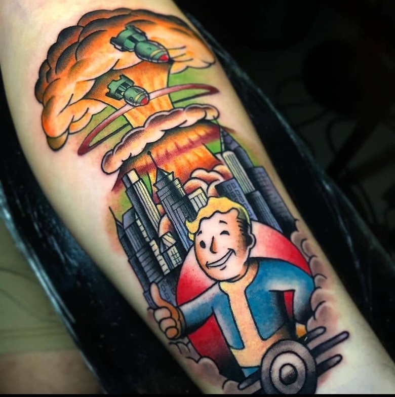 fallout, tattoo, gallery, photos @seanvellos_art color,new school,nuclear explosion,vault boy,fallout