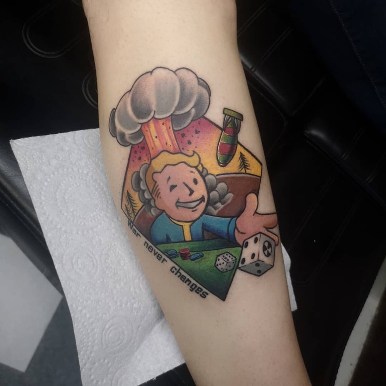 fallout, tattoo, gallery, photos @angryelftattoo color,new school,nuclear explosion,vault boy,fallout