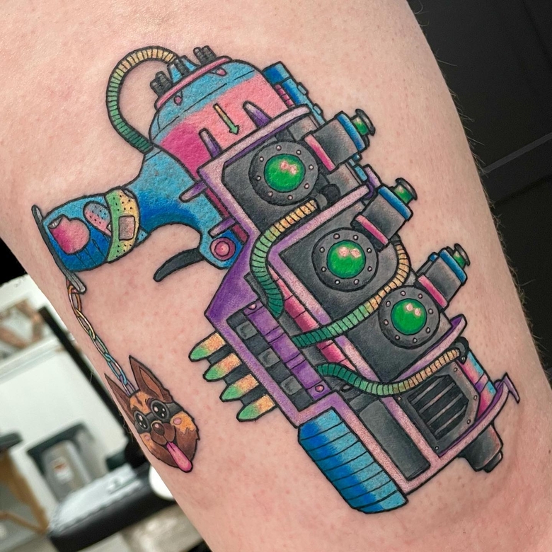 fallout, tattoo, gallery, photos @jayeshepherdtattoo color,old school,blaster,fallout