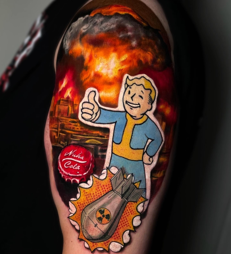 fallout, tattoo, gallery, photos @michaelburger.tattoo color,realistic,nuclear explosion,tattoo,fallout