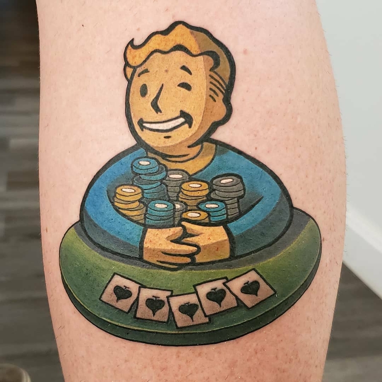 fallout, tattoo, gallery, photos @gwai_lo_joe color,old school,rich vault boy,luck,fallout