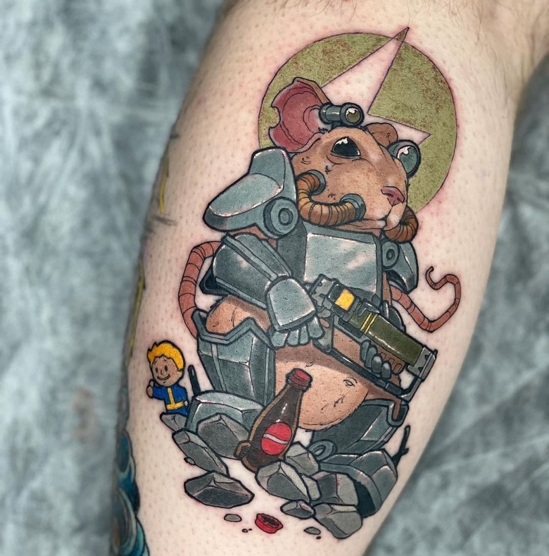 fallout, tattoo, gallery, photos @dvlewintertvttoos color,neo traditional,mutant hamster,fallout tattoo