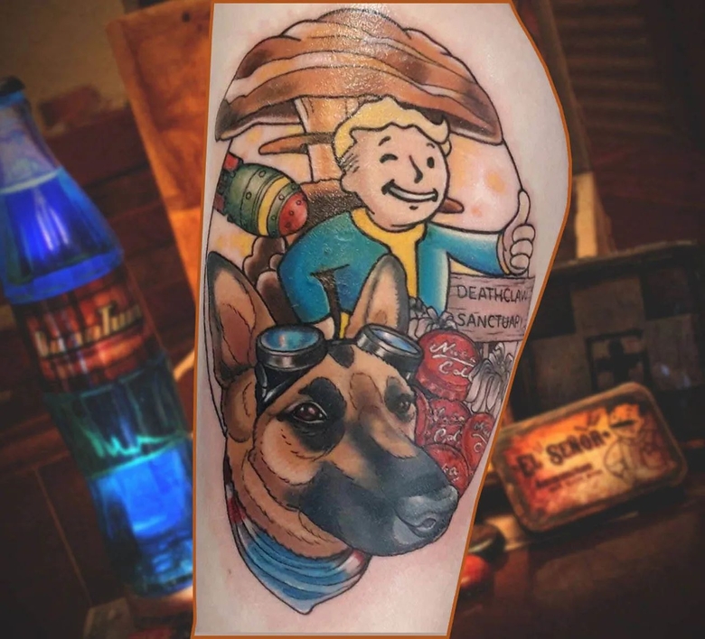 fallout, tattoo, gallery, photos @lady_boris_tattoos color,old school,vault boy,nuclear explosion,dog,fallout