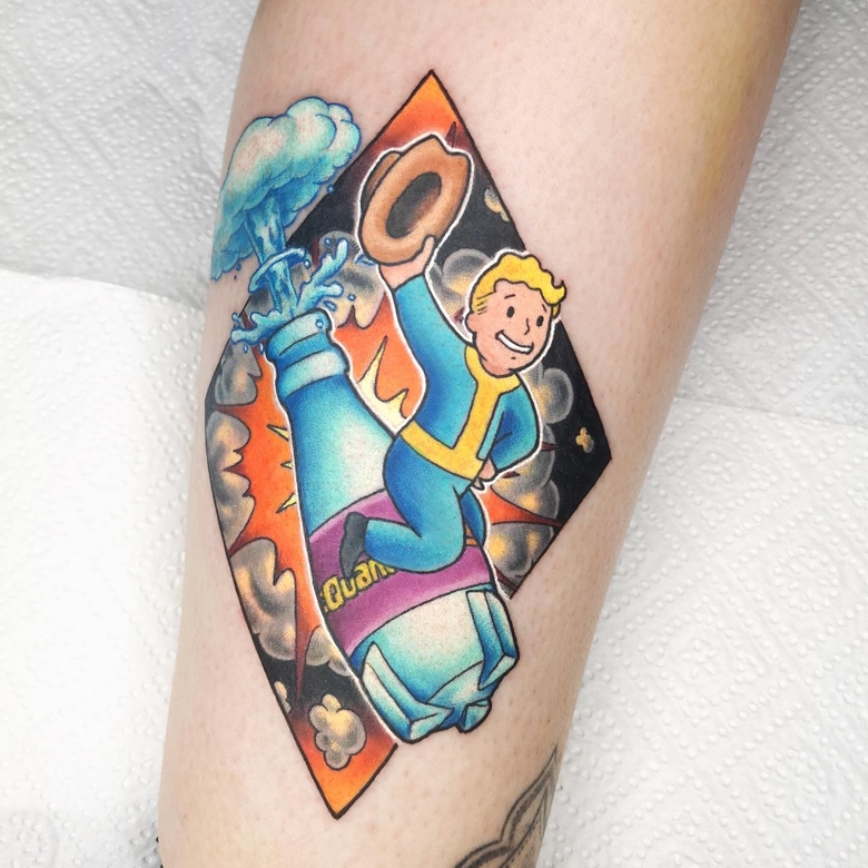 fallout, tattoo, gallery, photos @madame.liesl color,old school,vault boy upon the Nuka-Cola Quantum bottle,fallout 4